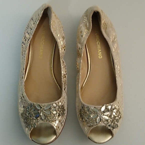 ARTURO CHANG GOLD & CREAM LEATHER SNAKE BALLET FLATS WITH RHINSTONES - Picture 2 of 14